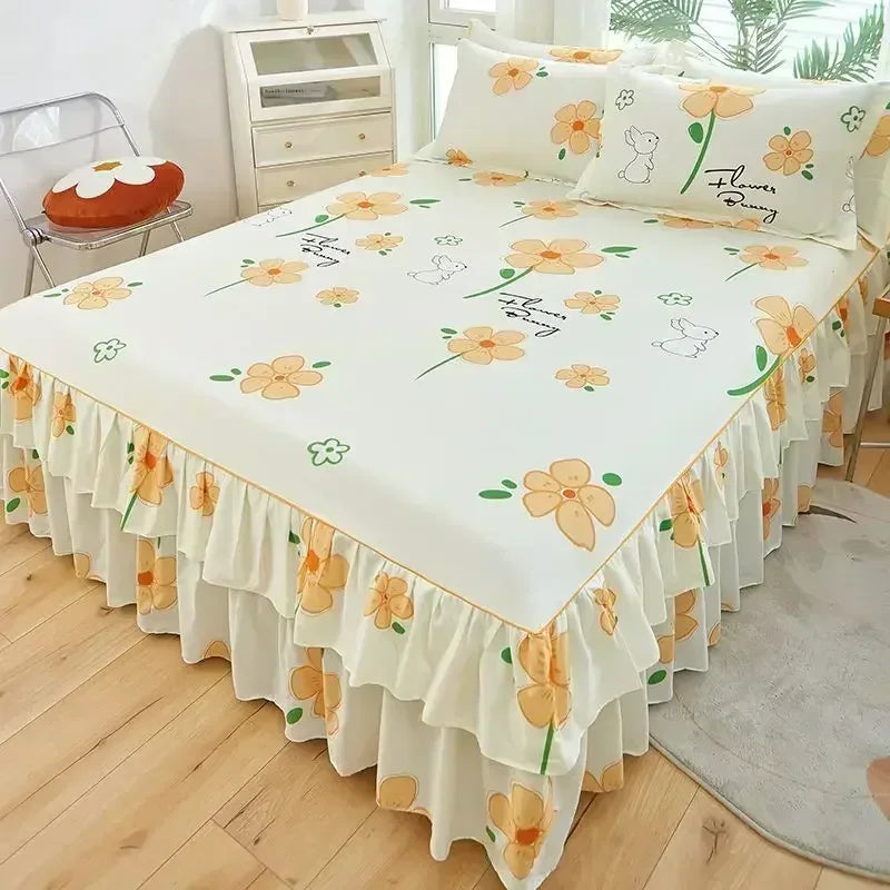 Floral Bed Skirt Set with Anti-Slip Mattress Cover