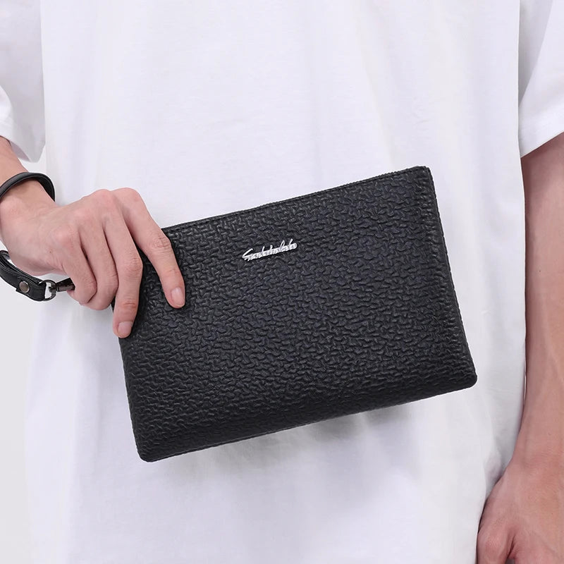 Men's Soft PU Leather Clutch Bag with Zipper Closure