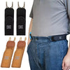 A man wearing a dark gray shirt and blue jeans, featuring an adjustable buckleless hook belt on his waist.