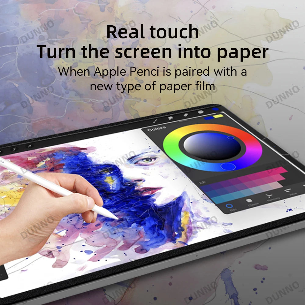 A hand draws on a screen protector, demonstrating how Apple Pencil turns the screen into paper with a new type of film.