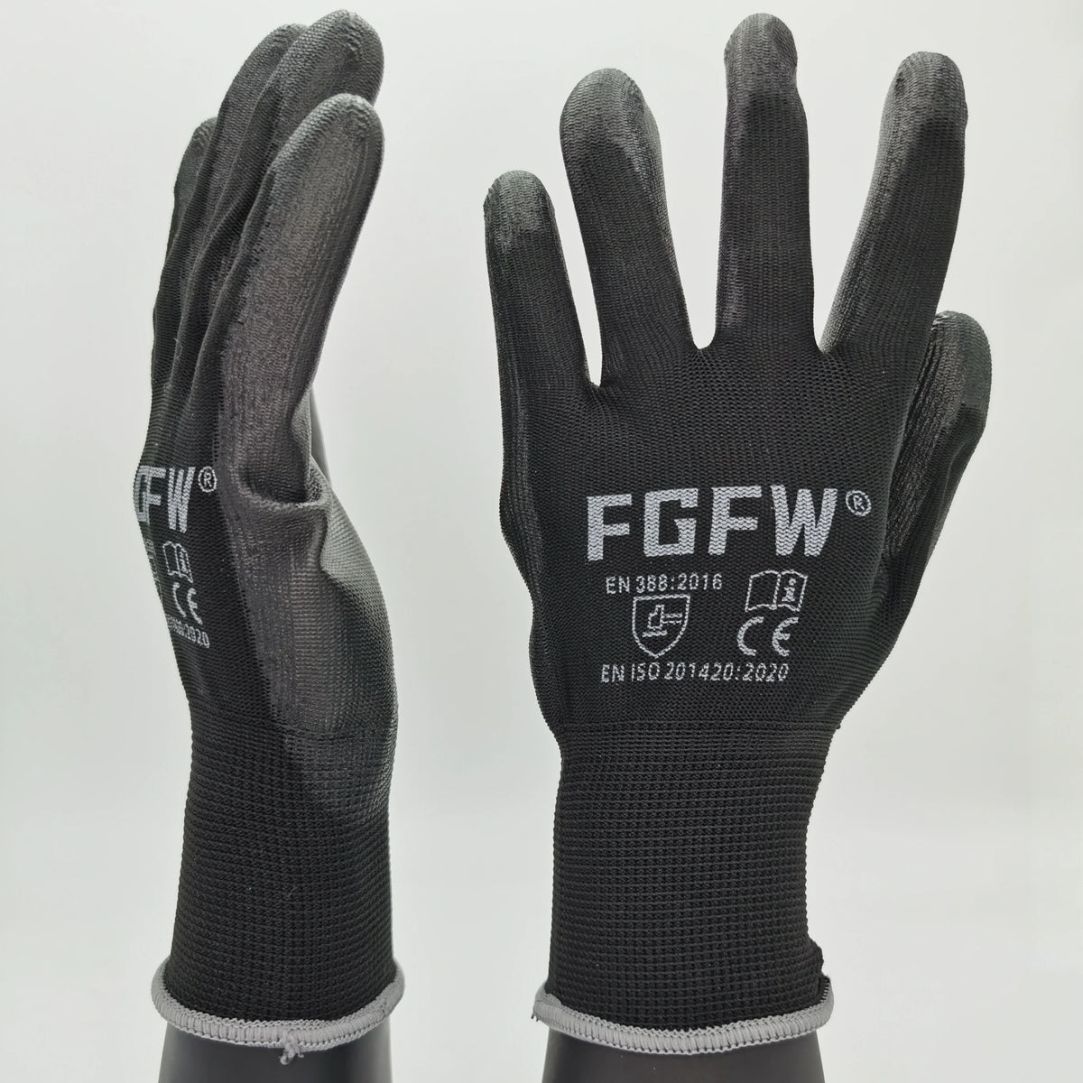 A pair of black breathable PU-coated work gloves with reinforced grip and CE certification logos.