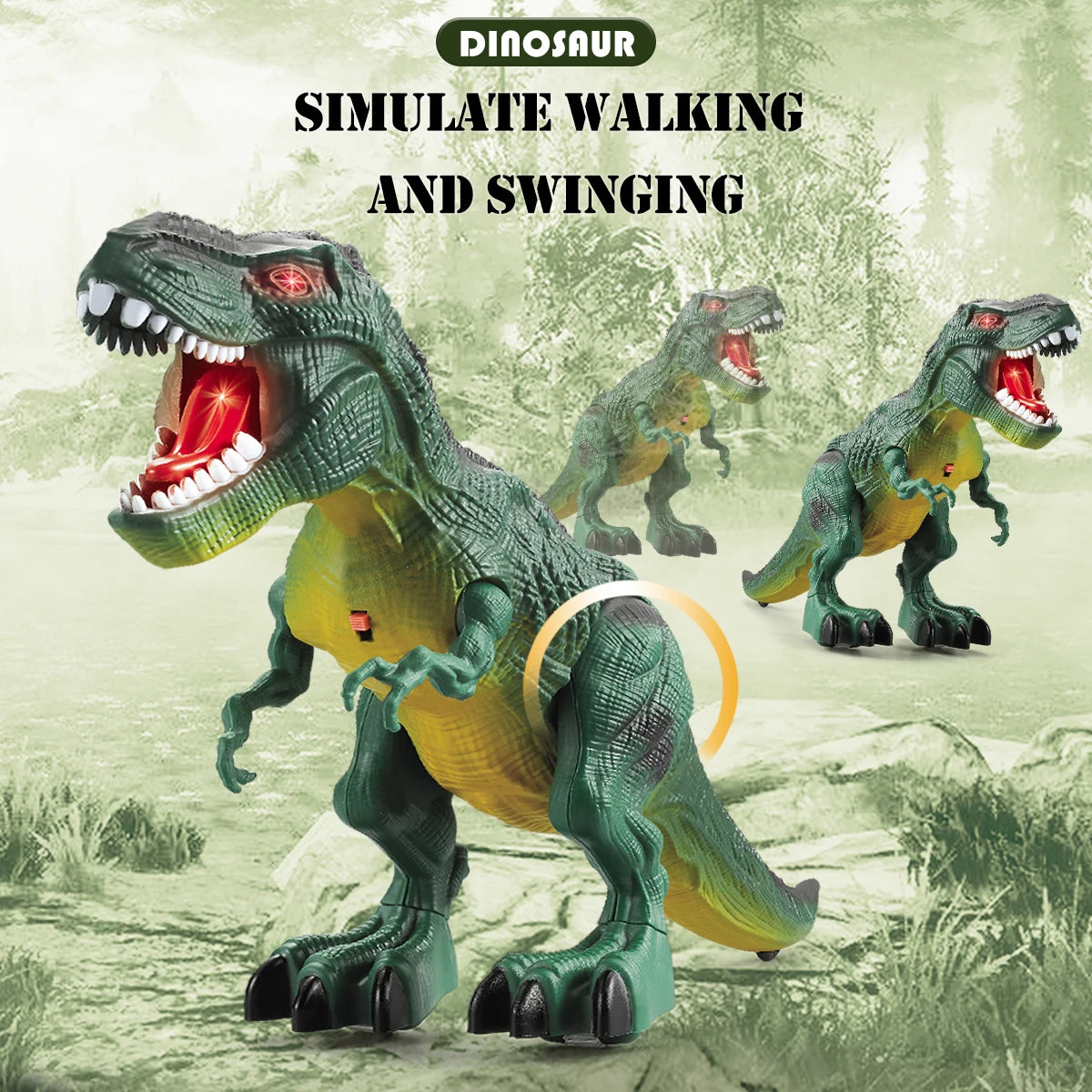 A green dinosaur toy T-Rex is shown simulating walking and swinging in a natural outdoor setting.