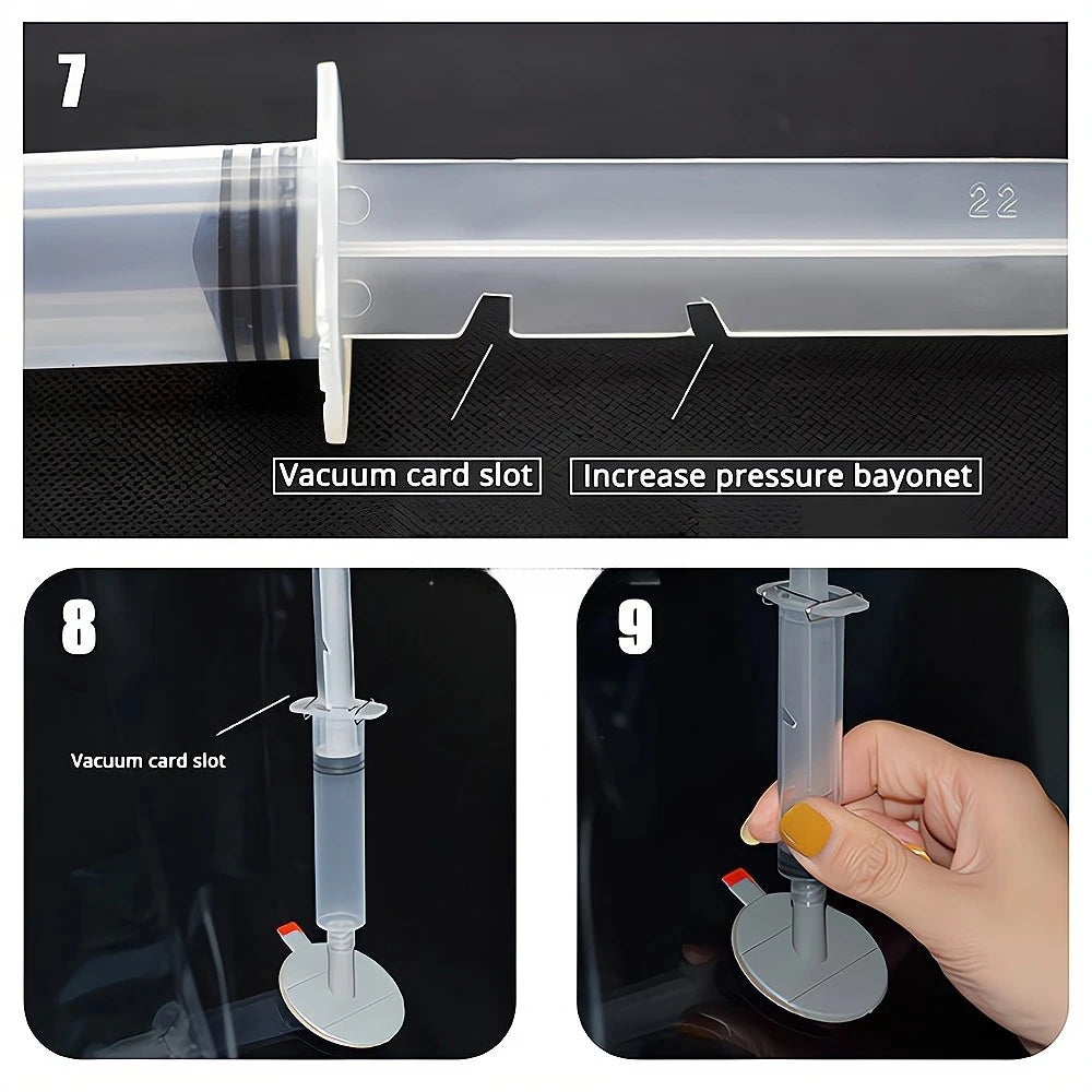 Diagrams showing how to use the vacuum card slot and increase pressure bayonet for windshield repair