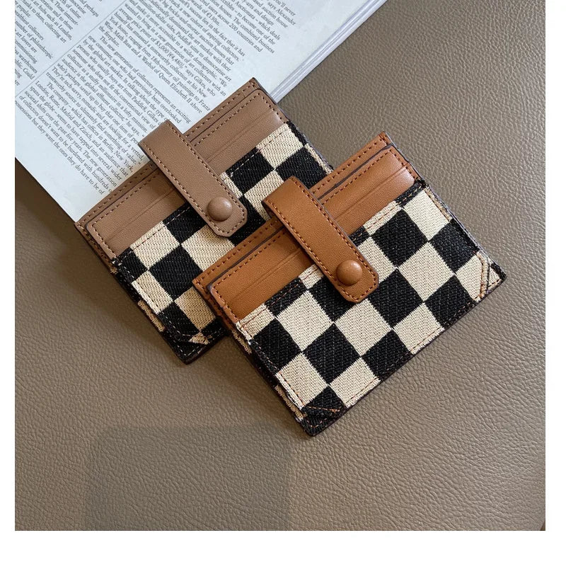 Checkered Canvas Card Wallet with Buckle Closure