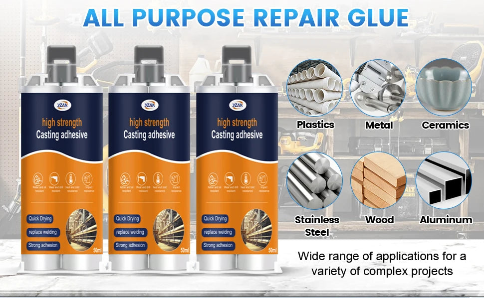 Three cans of high strength casting adhesive for various materials like plastics, metal, ceramics, stainless steel, wood, and