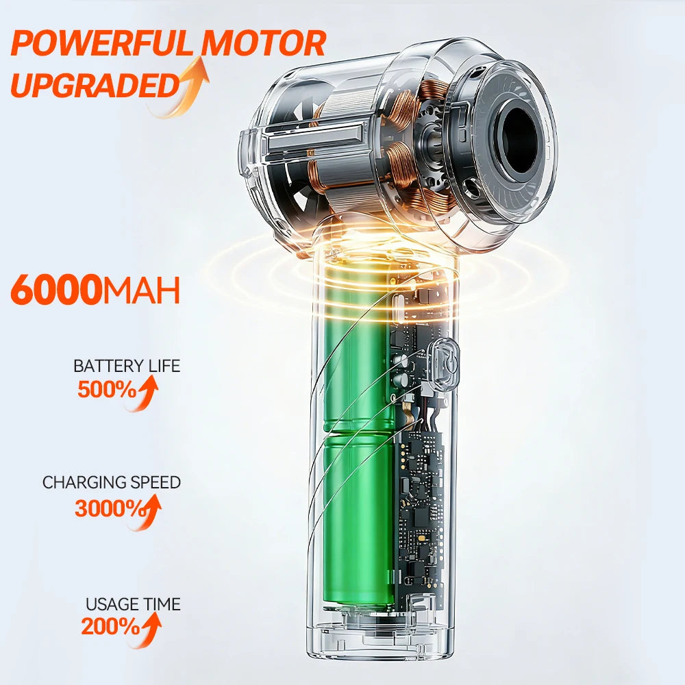 A close-up view of a portable vacuum cleaner battery showing performance upgrades and capacity details.