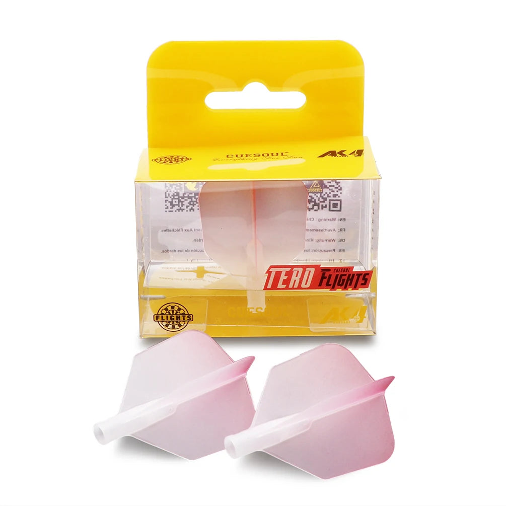 A yellow box of Tero Flights precision dart flights with a big wing shape and graduated colors, including several pink plasti