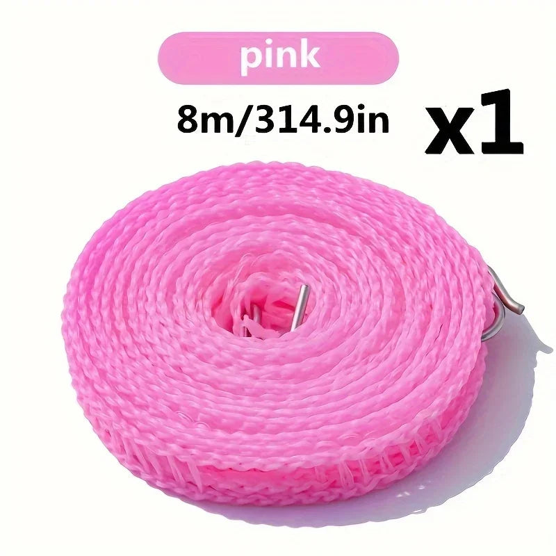 Pink windproof portable clothesline with anti-slip design rolled up for storage