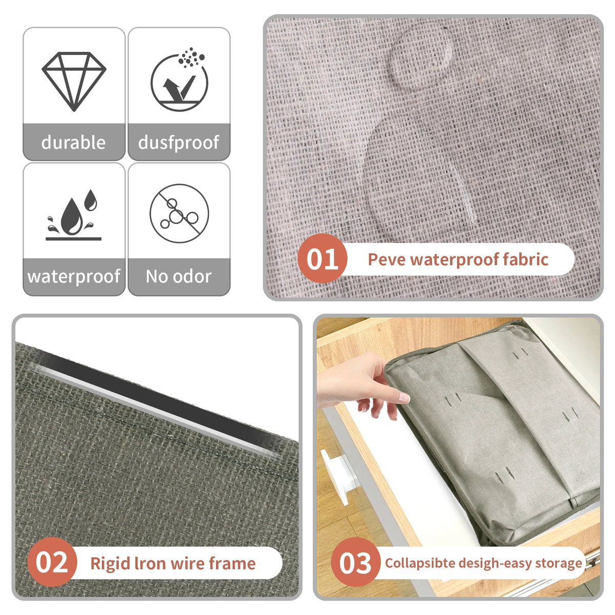 A gray collapsible laundry hamper featuring a rigid iron wire frame and waterproof fabric for easy storage.