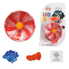 A red and white fan-shaped aluminum yo-yo with an orange center, shown alongside its packaging and a small orange cord.