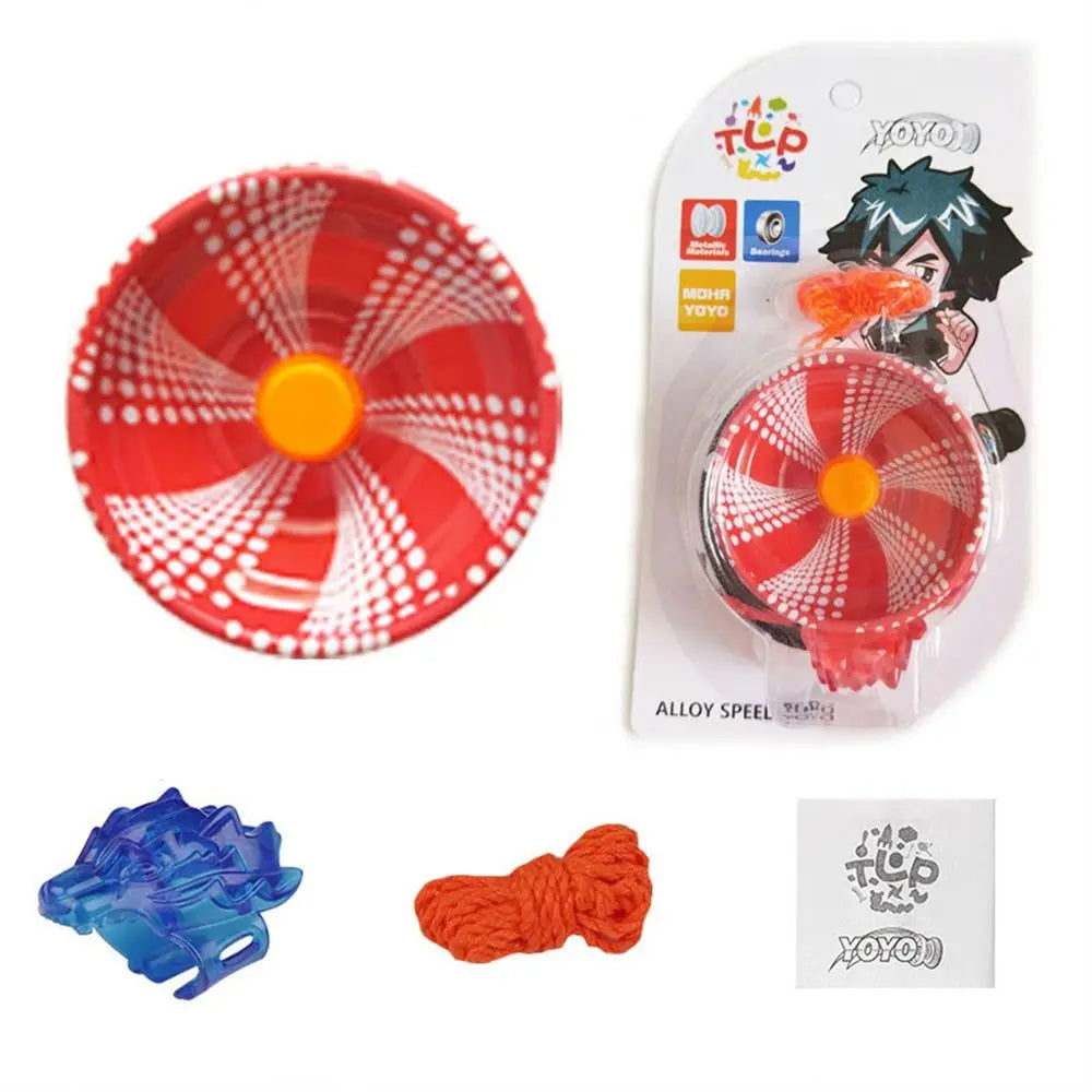A red and white fan-shaped aluminum yo-yo with an orange center, shown alongside its packaging and a small orange cord.