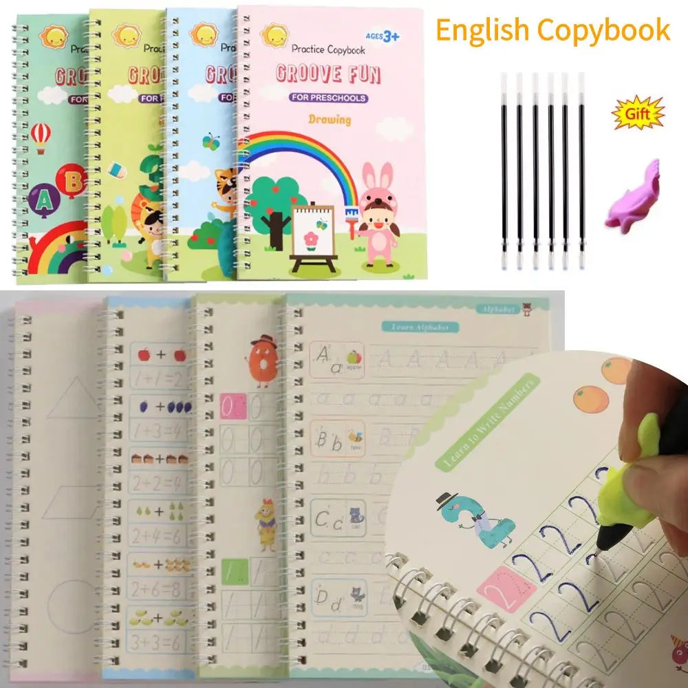 A colorful English Copybook featuring practice pages for letters and numbers for preschoolers.