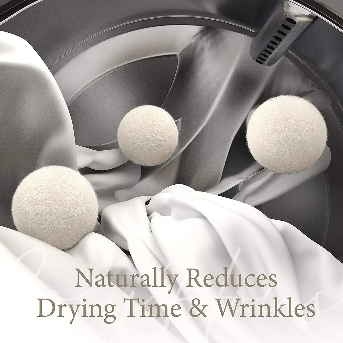 Three white natural wool dryer balls inside a washing machine drum
