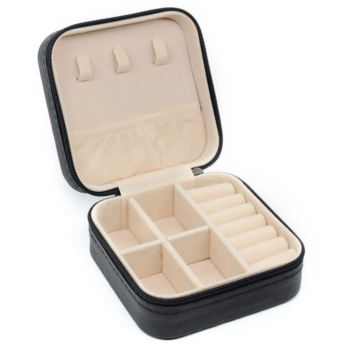 A black PU leather jewelry storage box with a hinged lid and divided compartments for travel and home use.