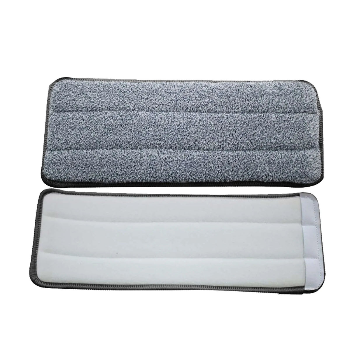 A set of three gray and white reusable microfiber mop pad replacement heads.