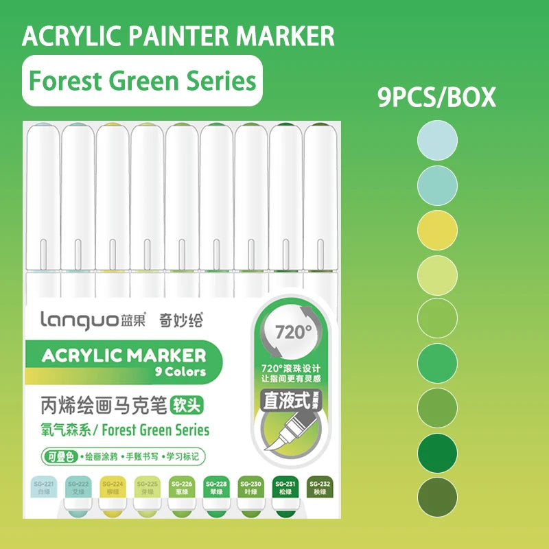 Acrylic painter marker set with 9 colors in the Forest Green series featuring fine tips and a soft brush.