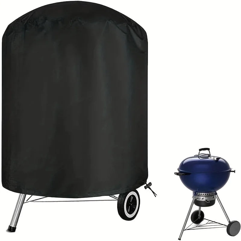 Black heavy-duty waterproof charcoal grill cover with a stand.