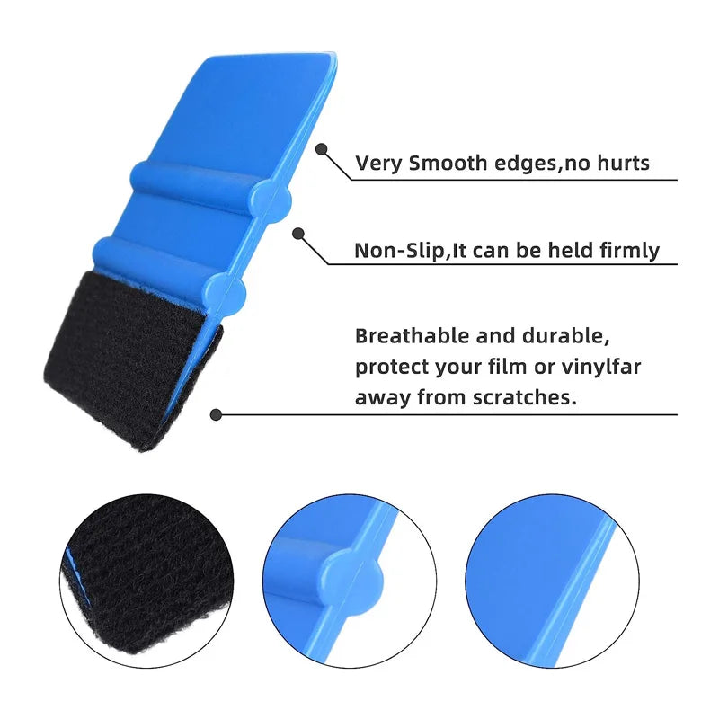A blue vinyl wrap application tool kit featuring a smooth, non-slip, breathable, and durable black felt applicator.