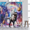 Cat Riding Dinosaur Shower Curtain with Ocean Wave Design