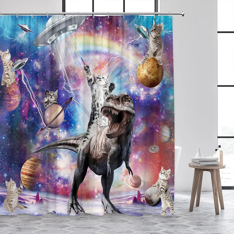 Cat Riding Dinosaur Shower Curtain with Ocean Wave Design