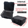 Internal dimensions and external measurements of a rugged waterproof hard case with customizable foam insert.