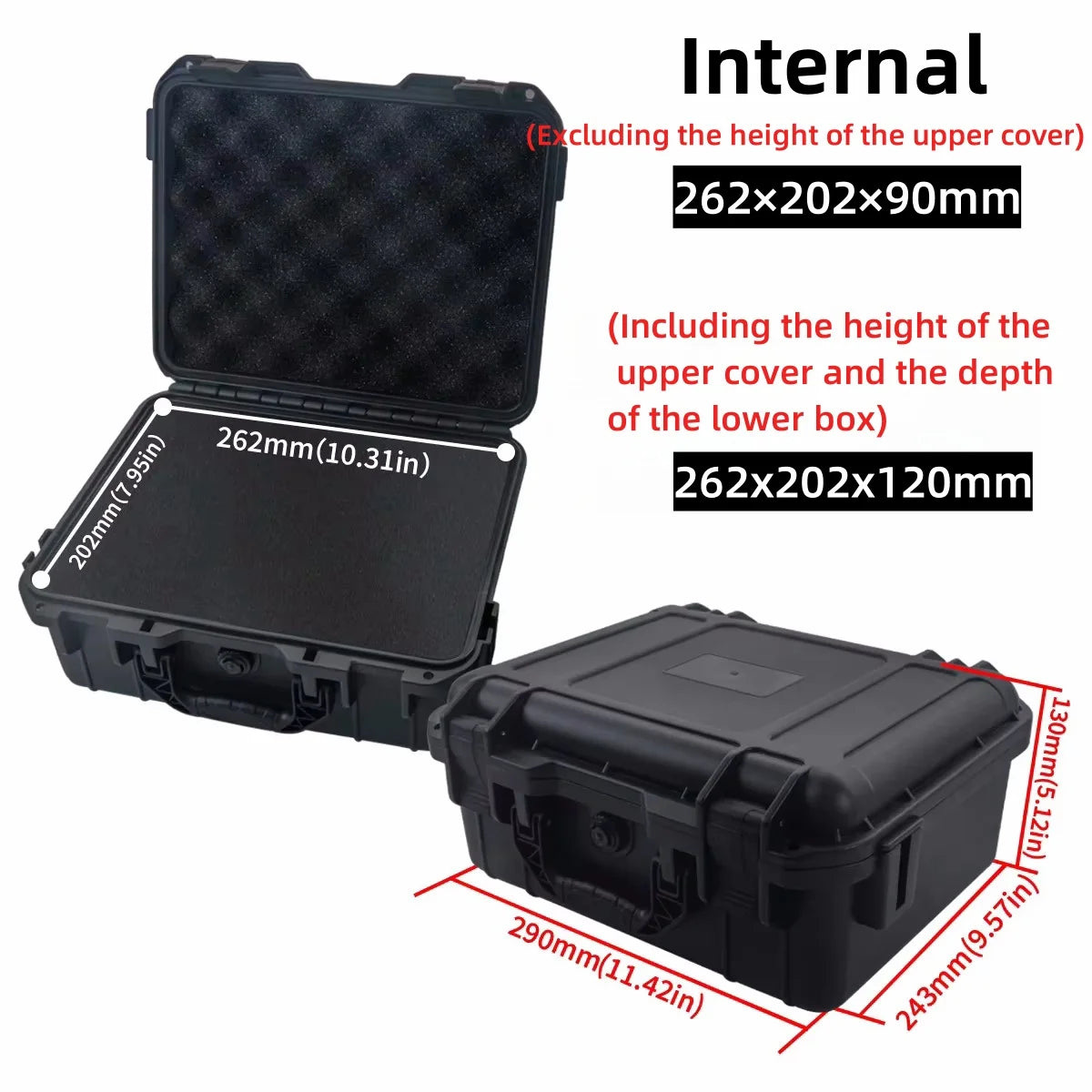 Internal dimensions and external measurements of a rugged waterproof hard case with customizable foam insert.