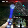 A rechargeable LED flashlight is shown with zoom features, demonstrating a bright beam in a dark outdoor setting.