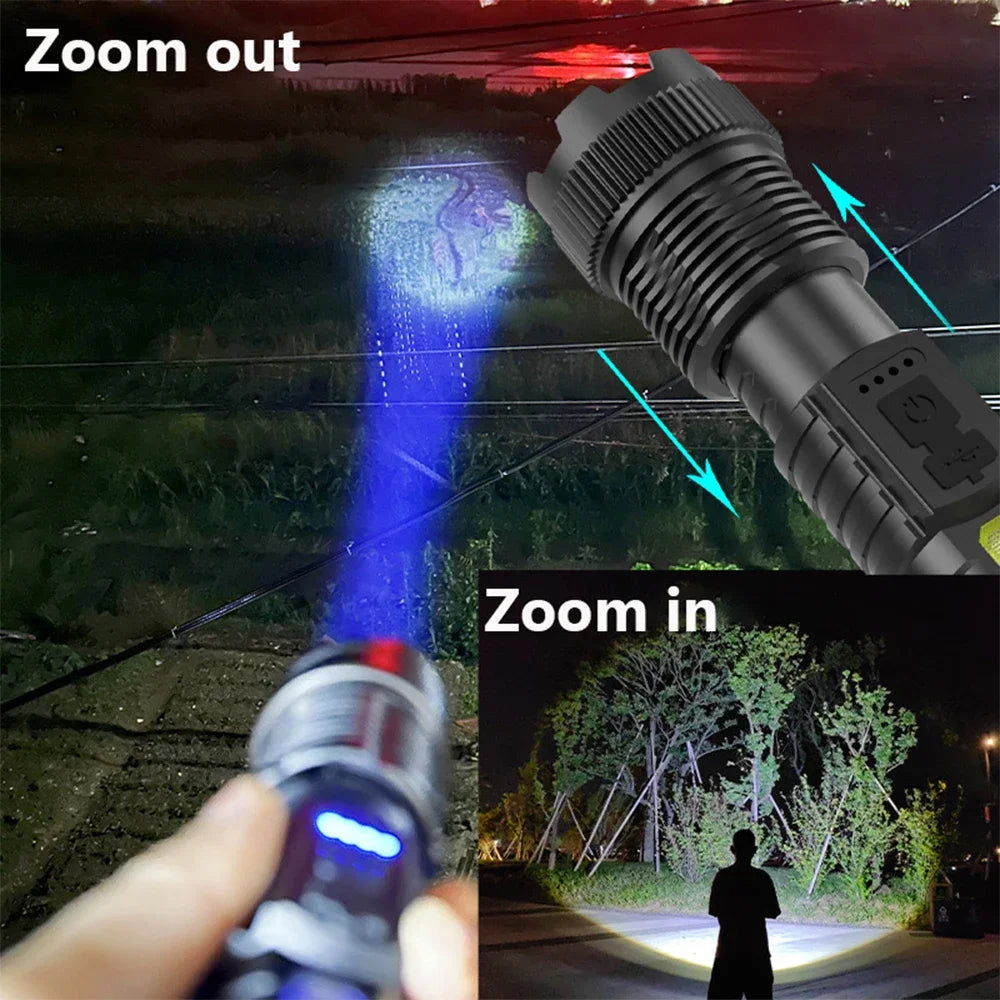 A rechargeable LED flashlight is shown with zoom features, demonstrating a bright beam in a dark outdoor setting.