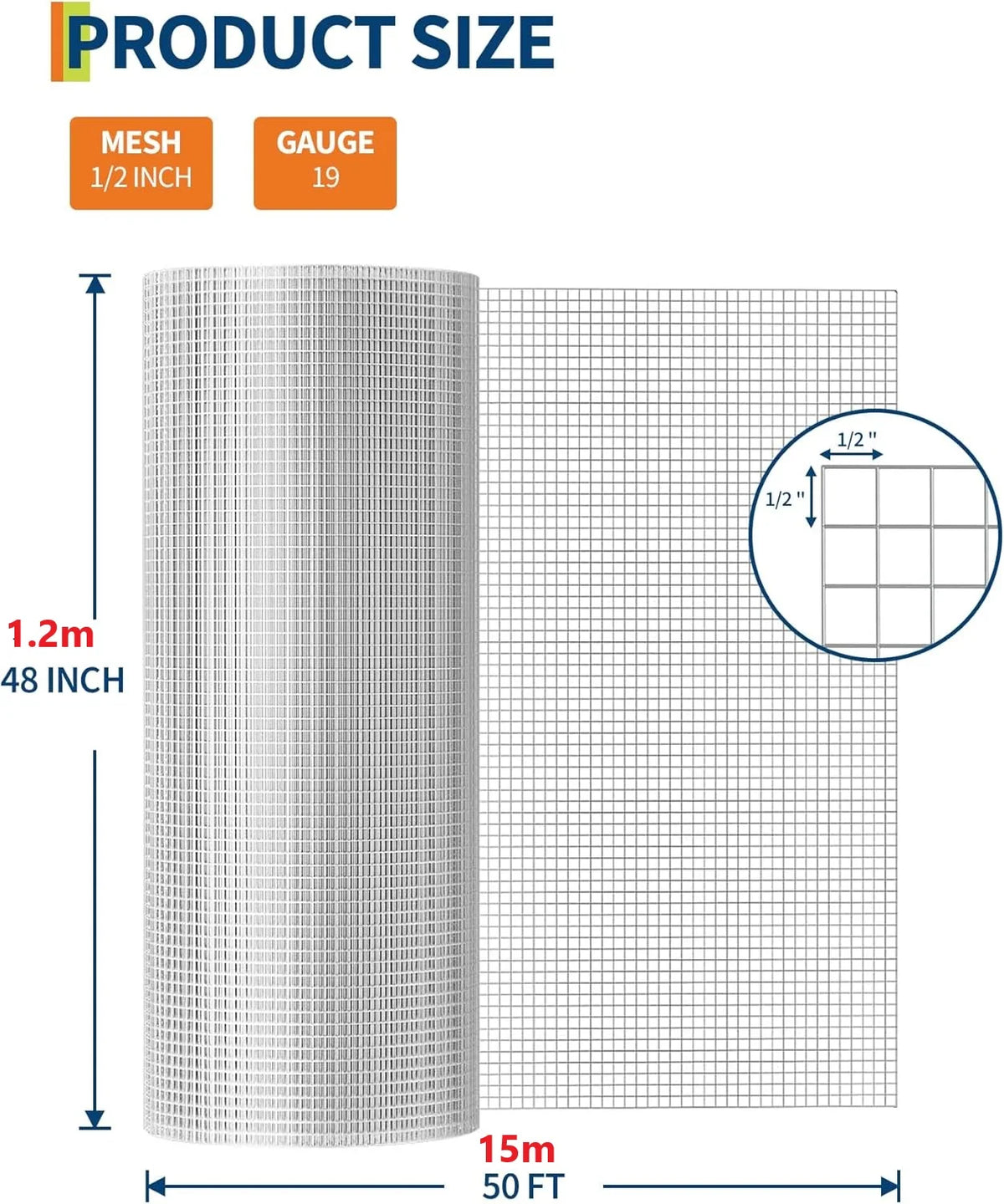 A roll of galvanized steel wire mesh with a 1/2 inch mesh size and 19 gauge wire, shown next to a scale.
