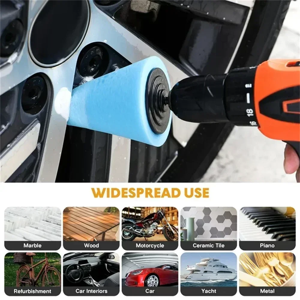 An orange drill polishing sponge is applying a blue foam cone to clean a car wheel.