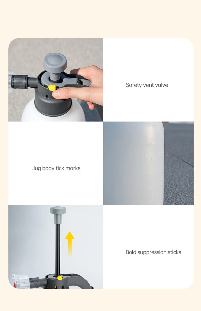 Diagrams showing the safety vent valve, jug body tick marks, and bold suppression sticks of a 2L hand pump foam sprayer.