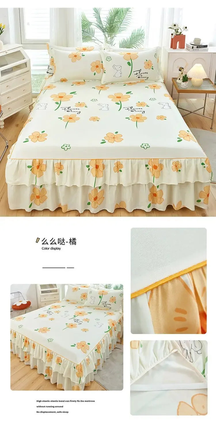 Floral Bed Skirt Set with Anti-Slip Mattress Cover