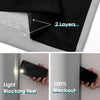Demonstration of two layers of blackout curtain panels showing light blocking and sound reduction features.