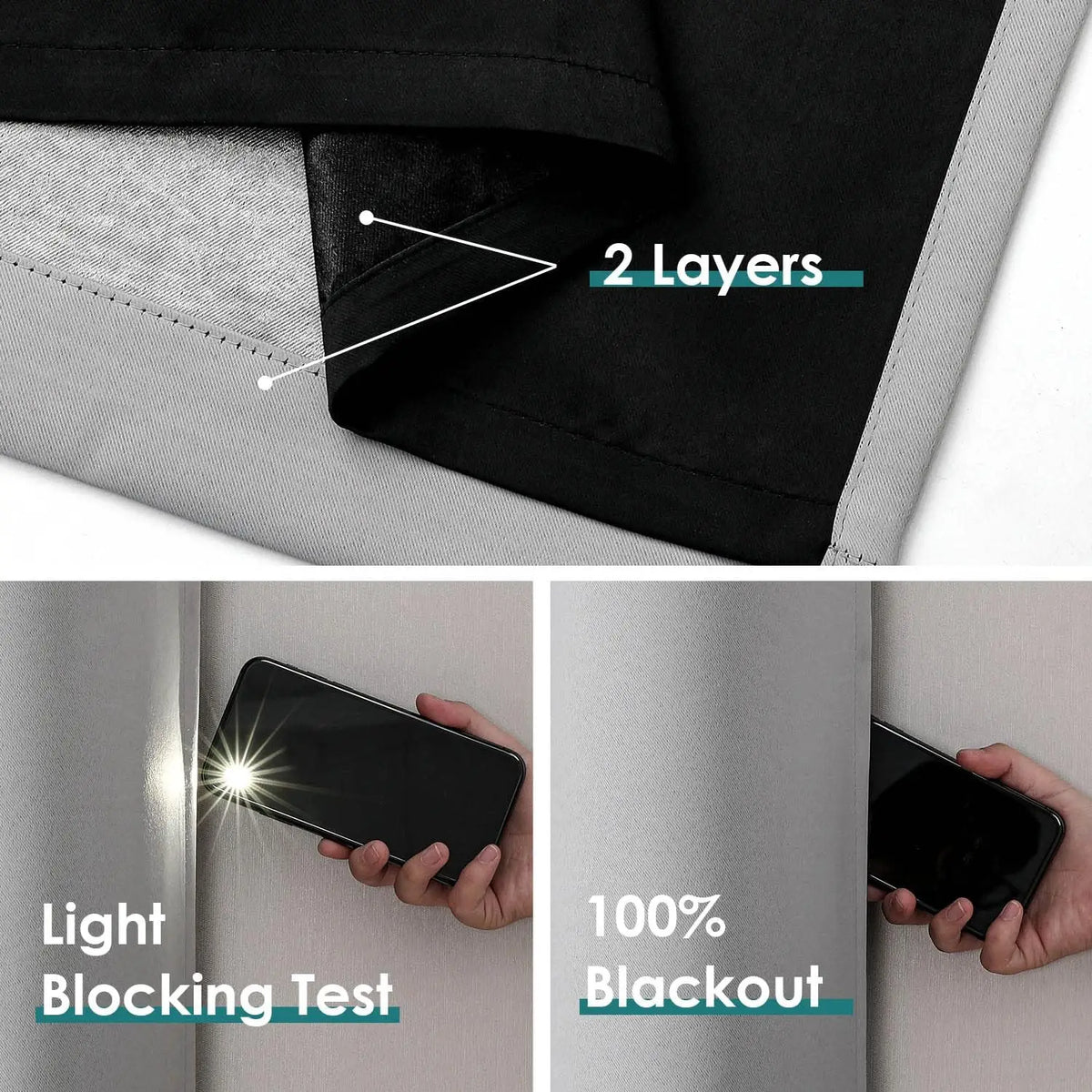 Demonstration of two layers of blackout curtain panels showing light blocking and sound reduction features.