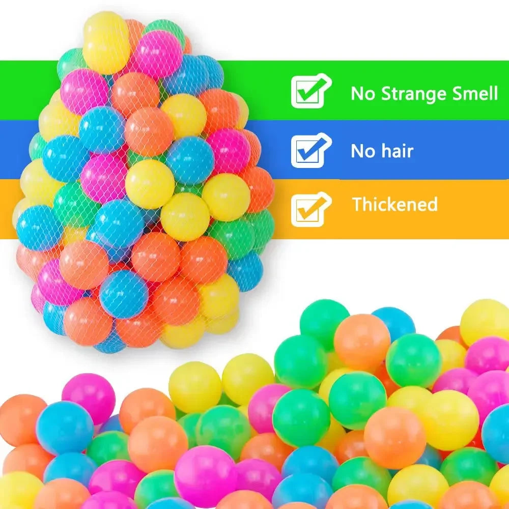 A pile of colorful, textured balls used for a play tent or ball pit, with features indicating no strange smell, no hair, and 