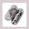 A clear plastic case containing an 8-piece geometry drafting set including a compass, ruler, and drawing tools.