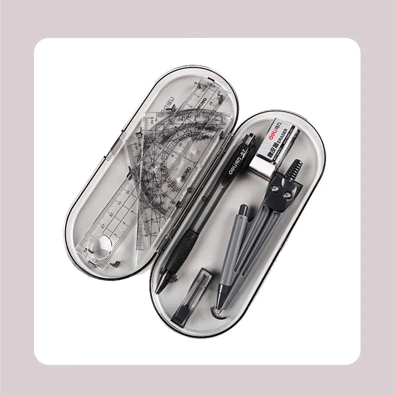 A clear plastic case containing an 8-piece geometry drafting set including a compass, ruler, and drawing tools.