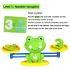 A green frog balance math game showing a number 3 on one side and frogs on the other.