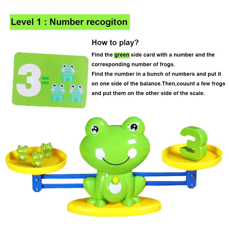 A green frog balance math game showing a number 3 on one side and frogs on the other.