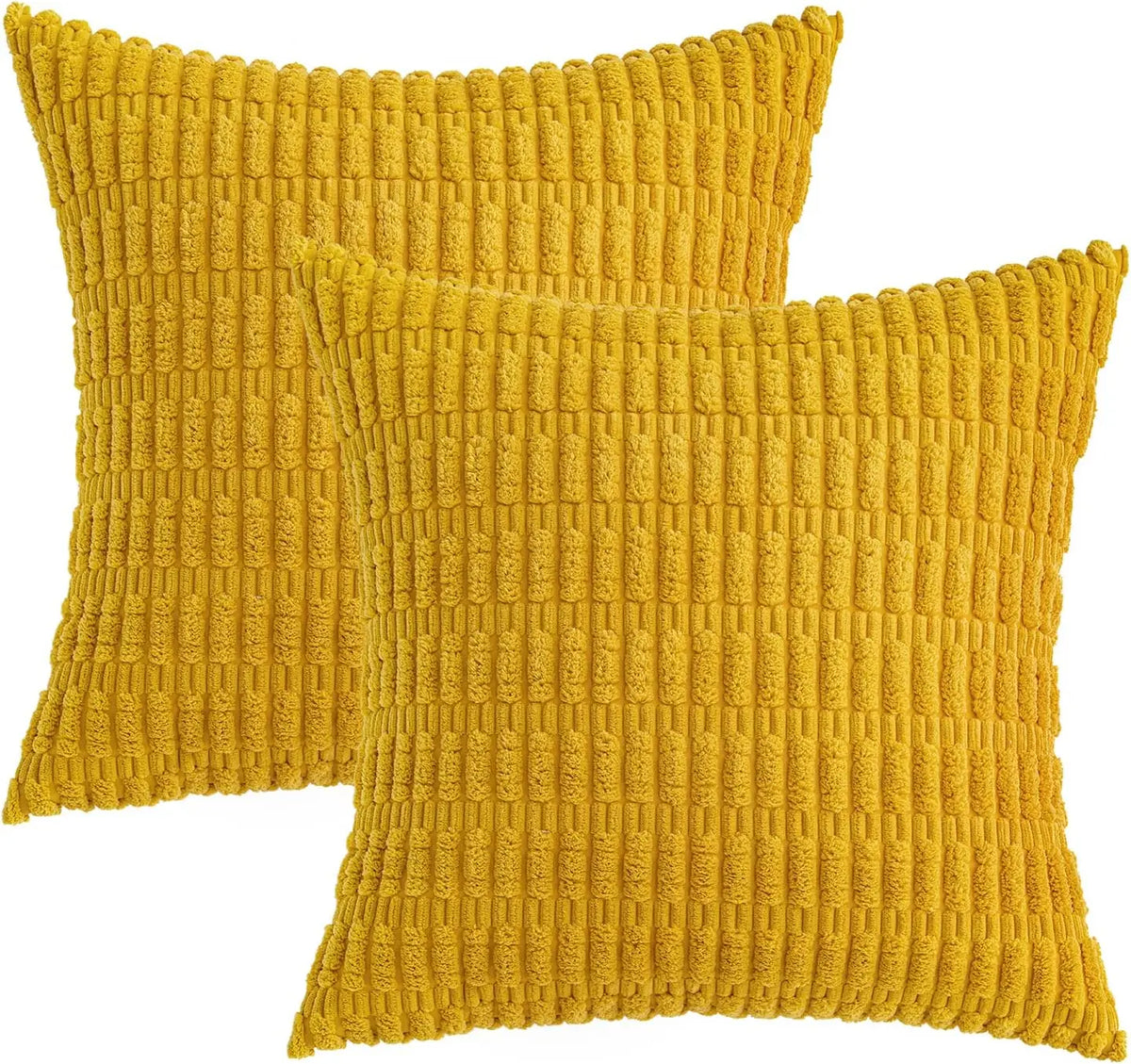 A mustard yellow corduroy throw pillow cover with a textured, quilted pattern.