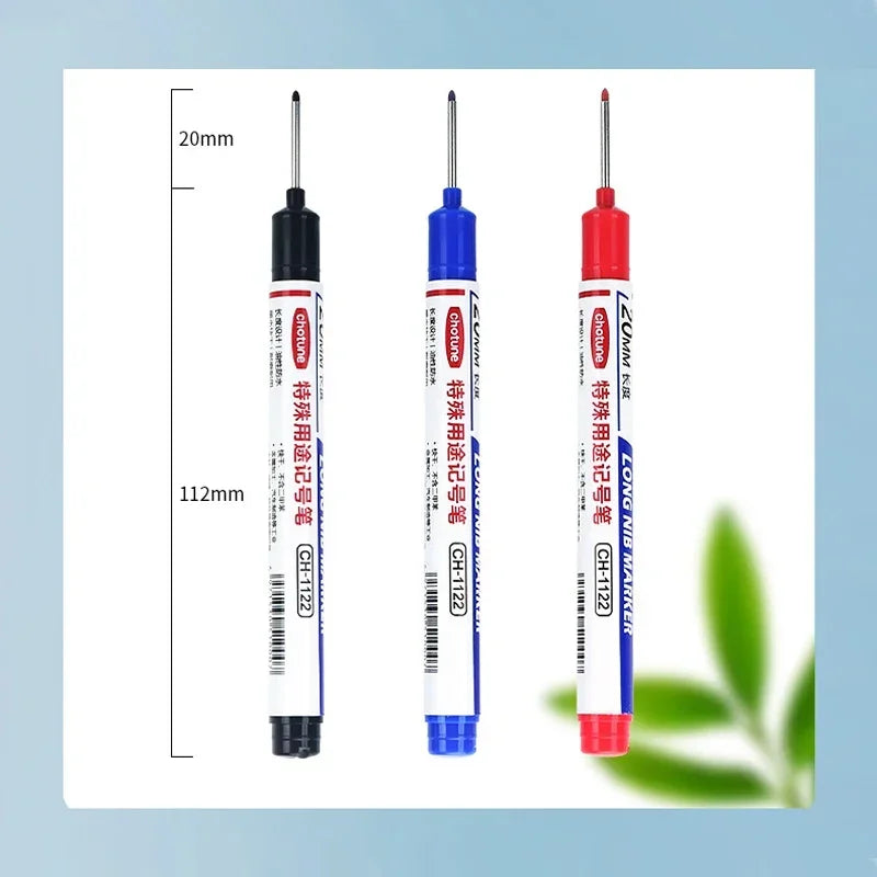 A set of 20mm deep hole long nib markers in blue and red for metal and woodworking.