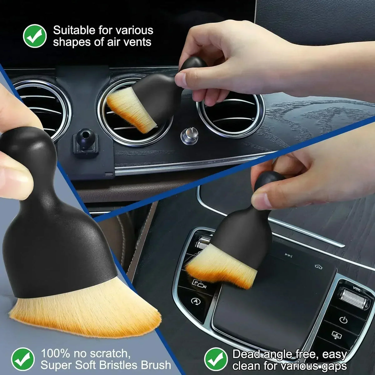 A hand is using a black detailing brush with soft bristles to clean air vents and gaps in a car interior.