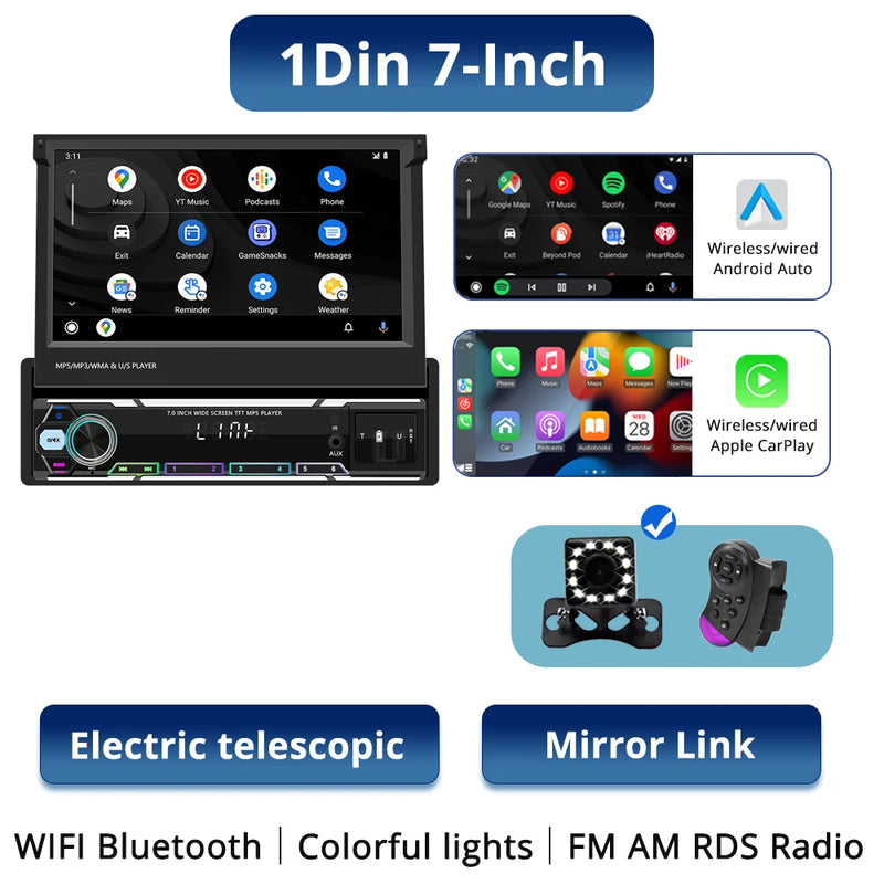 7-Inch Retractable Wireless CarPlay & Android Auto Head Unit