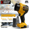 Yellow Electric Goddess cordless turbo leaf blower with brushless motor demonstrating 35000RPM wind speed.