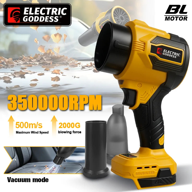 Yellow Electric Goddess cordless turbo leaf blower with brushless motor demonstrating 35000RPM wind speed.