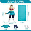 A soft plush hand puppet of a zombie boy named Scooter with blue clothing and white shoes.