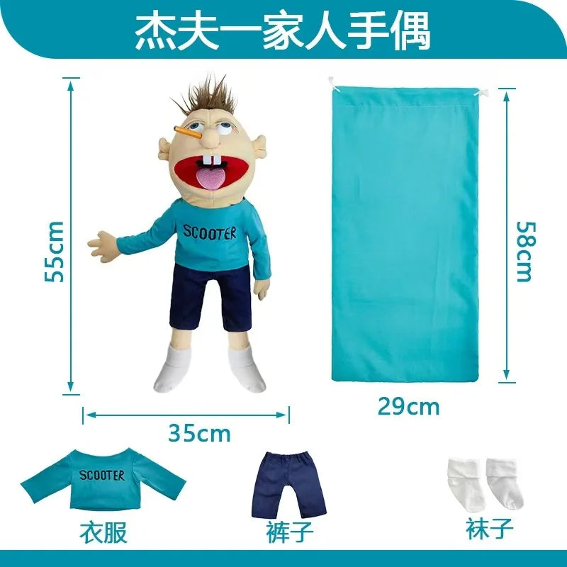 A soft plush hand puppet of a zombie boy named Scooter with blue clothing and white shoes.