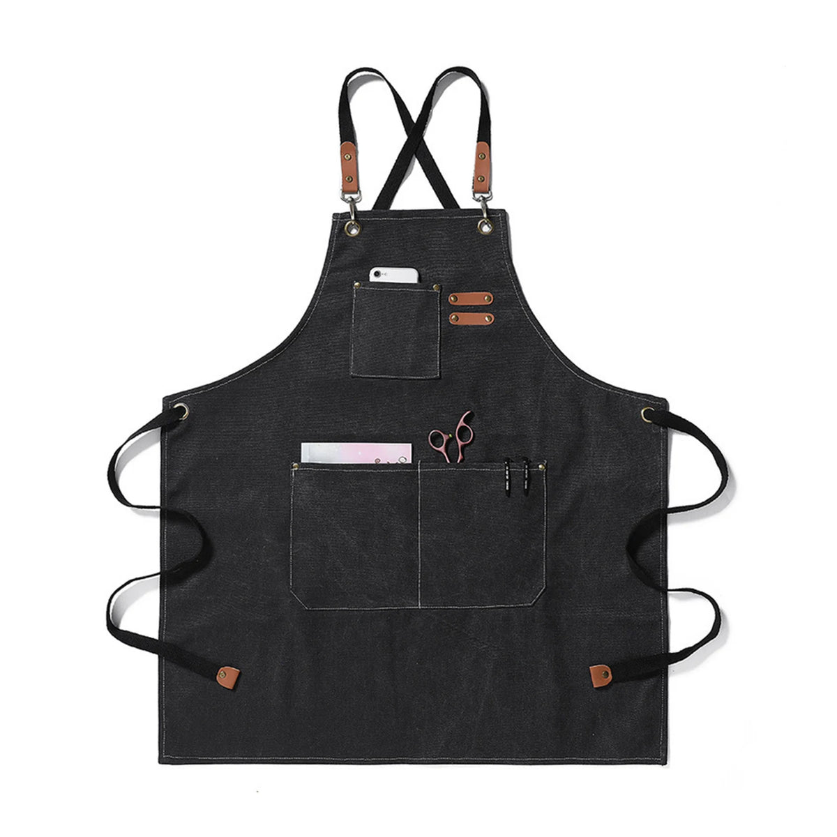 A black canvas apron with long straps and large front pockets for oil-proof use.