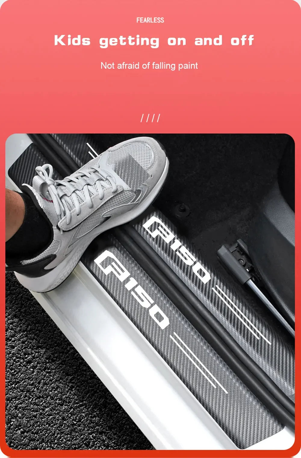 A close-up of a gray PU leather door sill protector sticker installed on the interior trim of a Ford F-150.