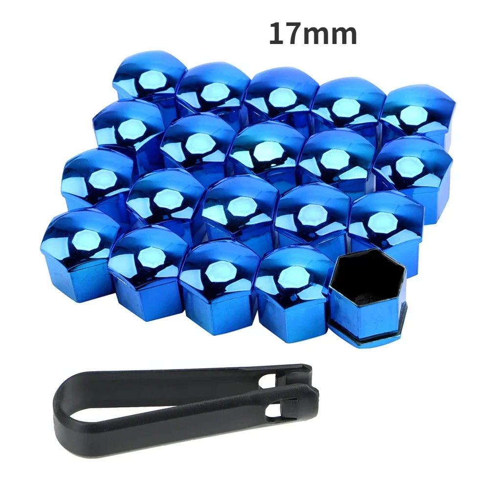 A set of 20 anti-rust wheel nut caps in blue metal with a black clip.